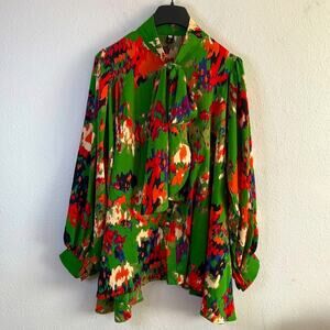Sweet Girl Women Green/Orange Abstract Print Front Tie Blouse Size 2XL